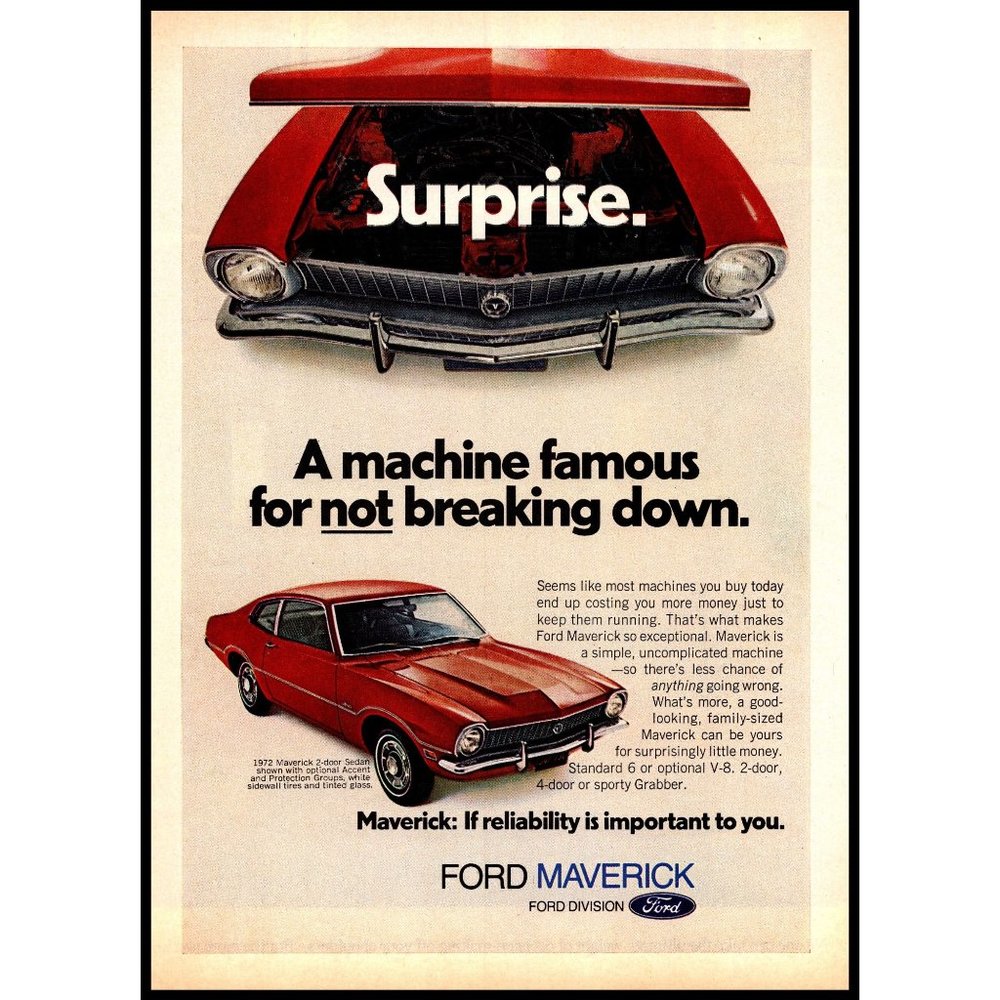 1972 Ford Maverick 2 Door Sedan Vintage Print Ad Red Compact Car Wall Art Photo